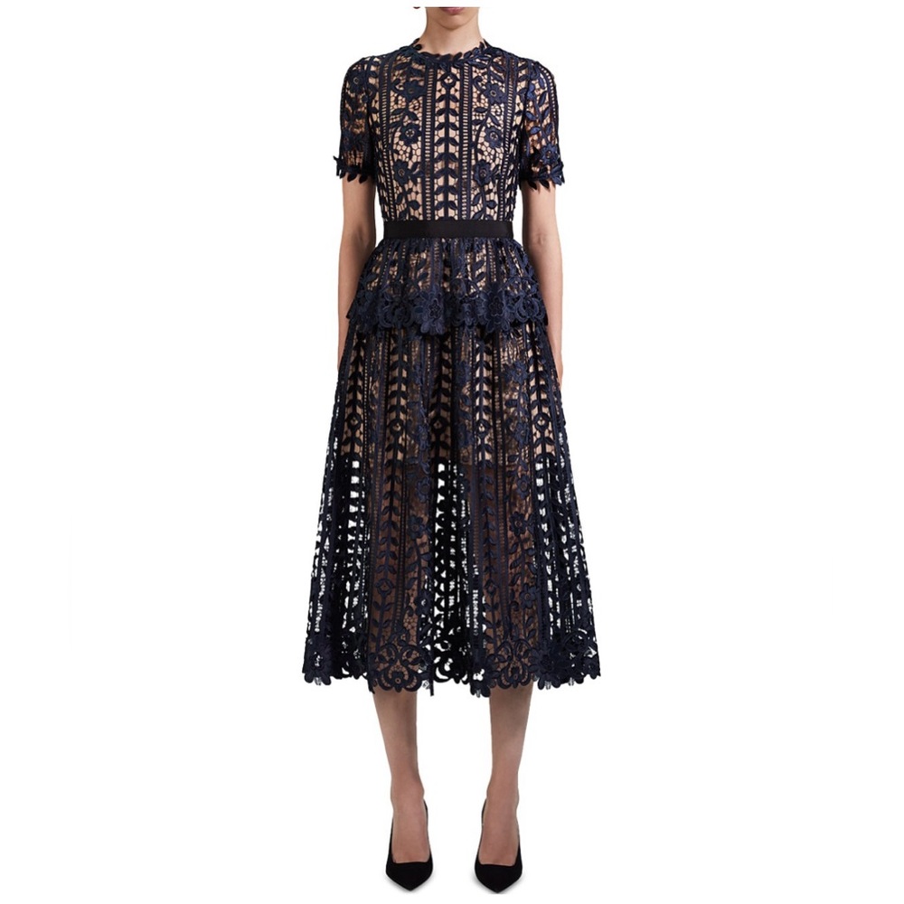 Self-Portrait Navy Peplum Lace Dress